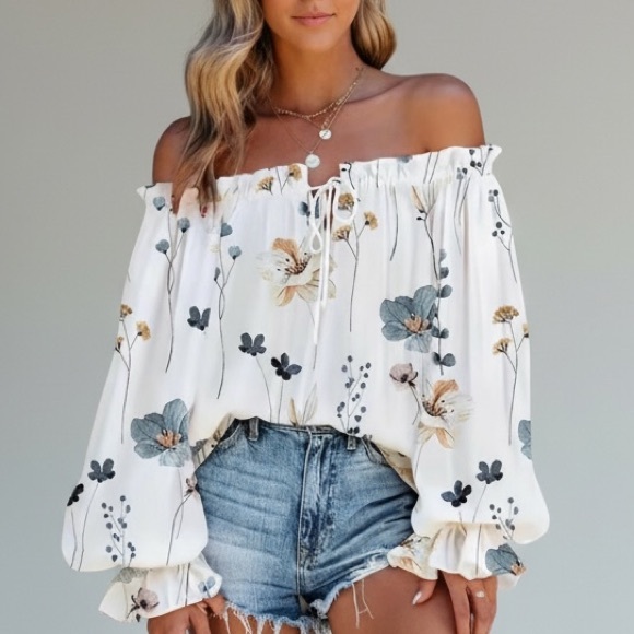 NEW•XL•Creme De La Creme Elegant Floral Off-Shoulder White Blouse - Picture 3 of 4